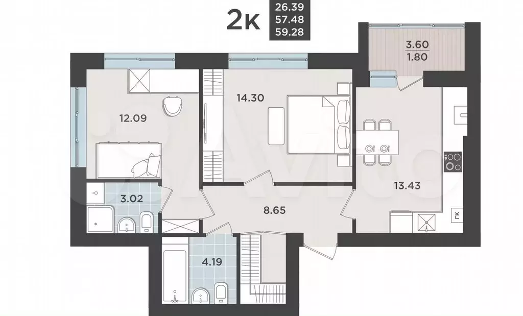 2-к. квартира, 57,5 м, 3/9 эт. - Фото 1