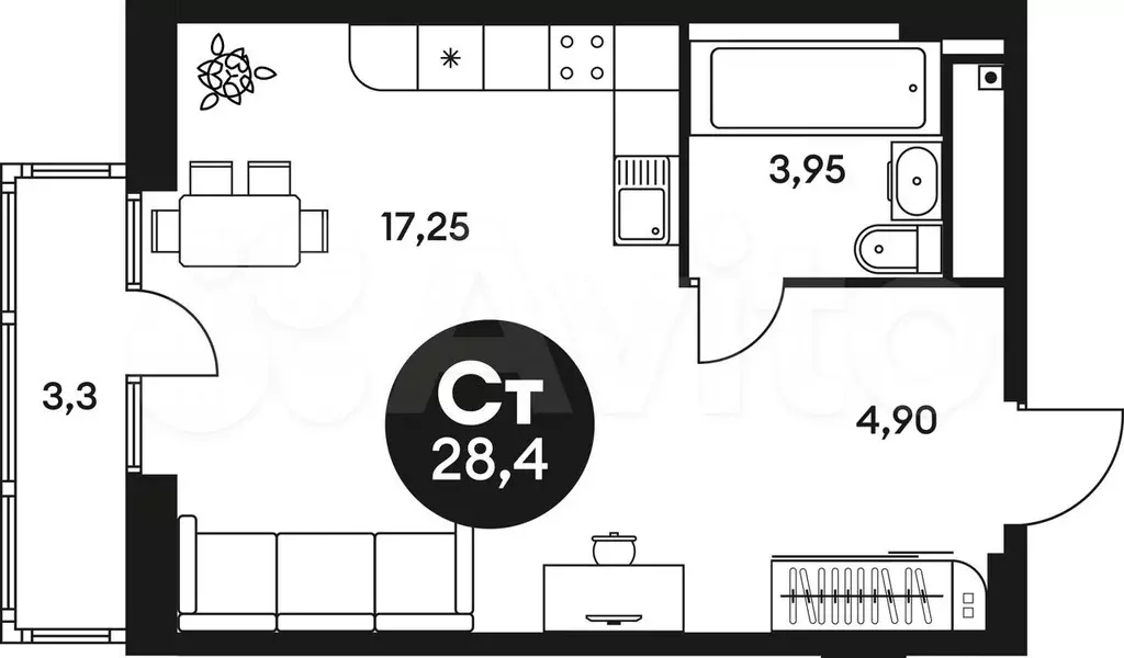 квартира-студия, 28,4 м, 7/24 эт. - Фото 0