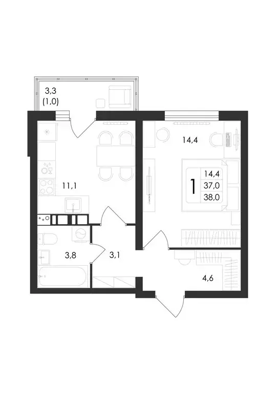 1-комнатная квартира: Ямное, Просёлочная улица, 2к5 (38 м) - Фото 1