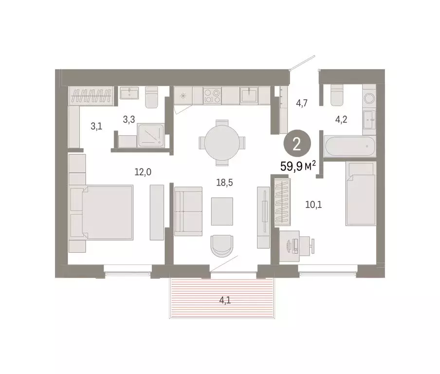 2-комнатная квартира: Омск, Кировский округ (59.91 м) - Фото 1
