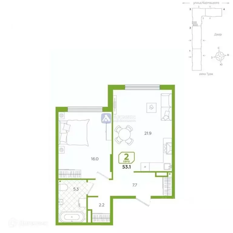 2-к кв. Тюменская область, Тюмень ул. Евгения Войнова, 3 (53.1 м) - Фото 1