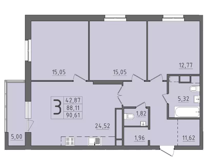 3-к квартира, 90.61 м - Фото 0
