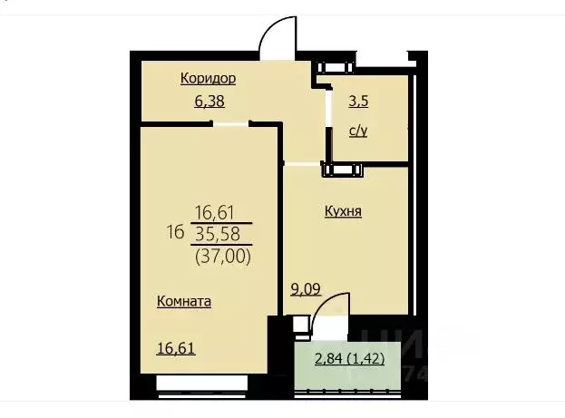 1-к кв. Ярославская область, Ярославль Красноборская ул., 32А (37.0 м) - Фото 1