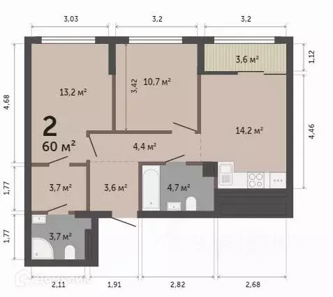 Продаётся 2-к квартира, 60 м - Фото 0