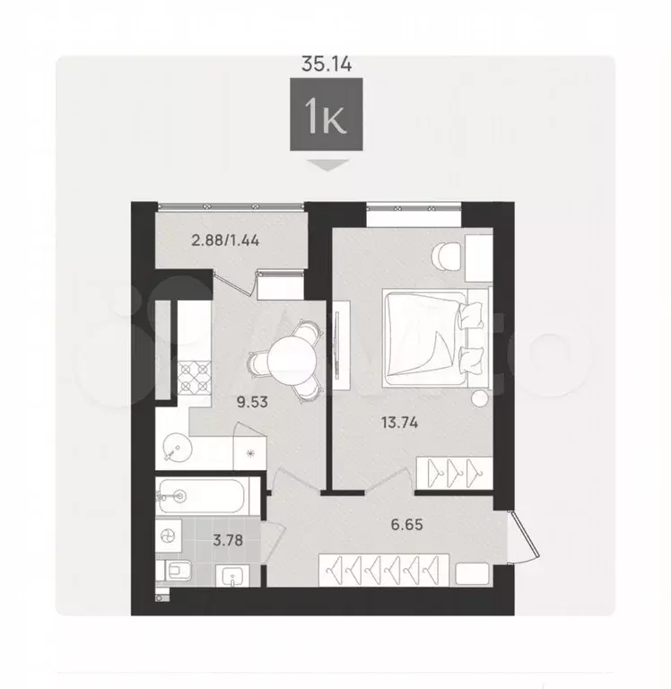 1-к. квартира, 35,1 м, 8/9 эт. - Фото 1