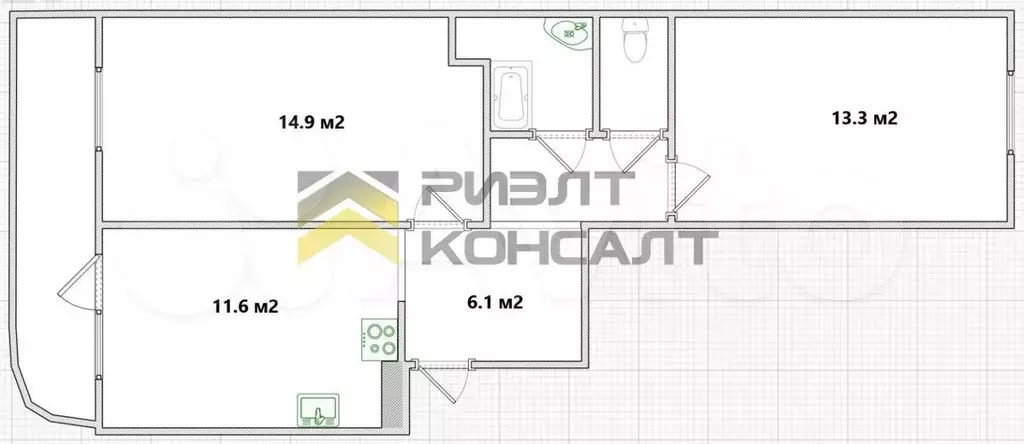 2-к. квартира, 53,5 м, 1/9 эт. - Фото 0