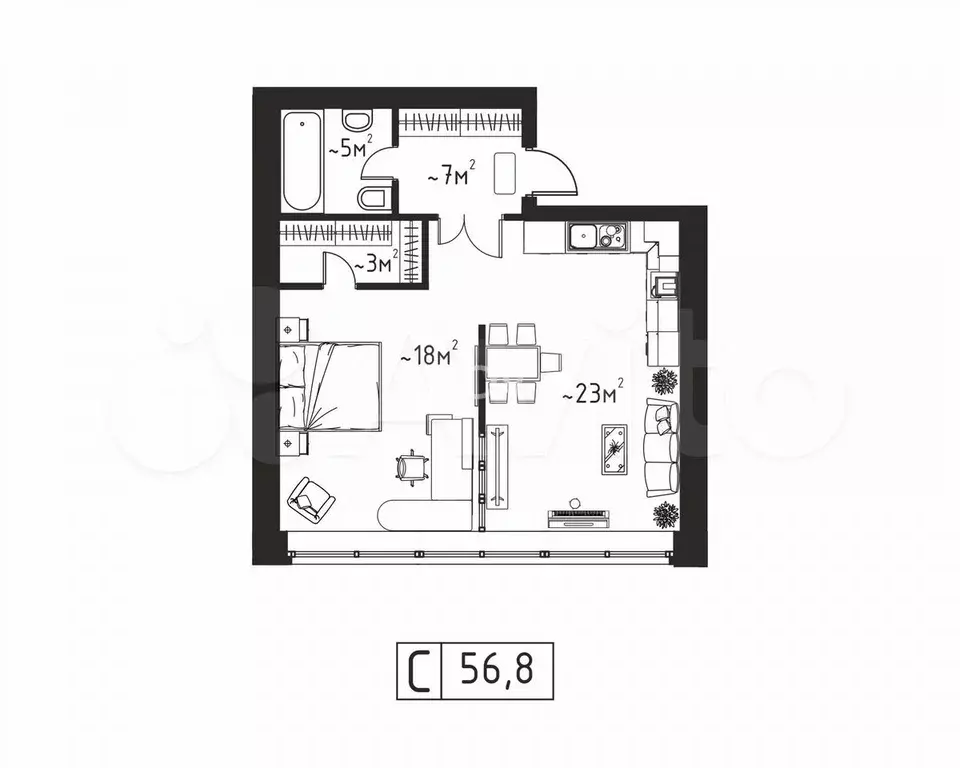 1-к. квартира, 56,7 м, 2/8 эт. - Фото 1