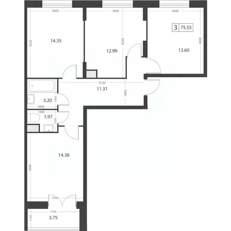 3-к кв. Тверская область, Тверь Южный мкр,  (75.55 м) - Фото 2