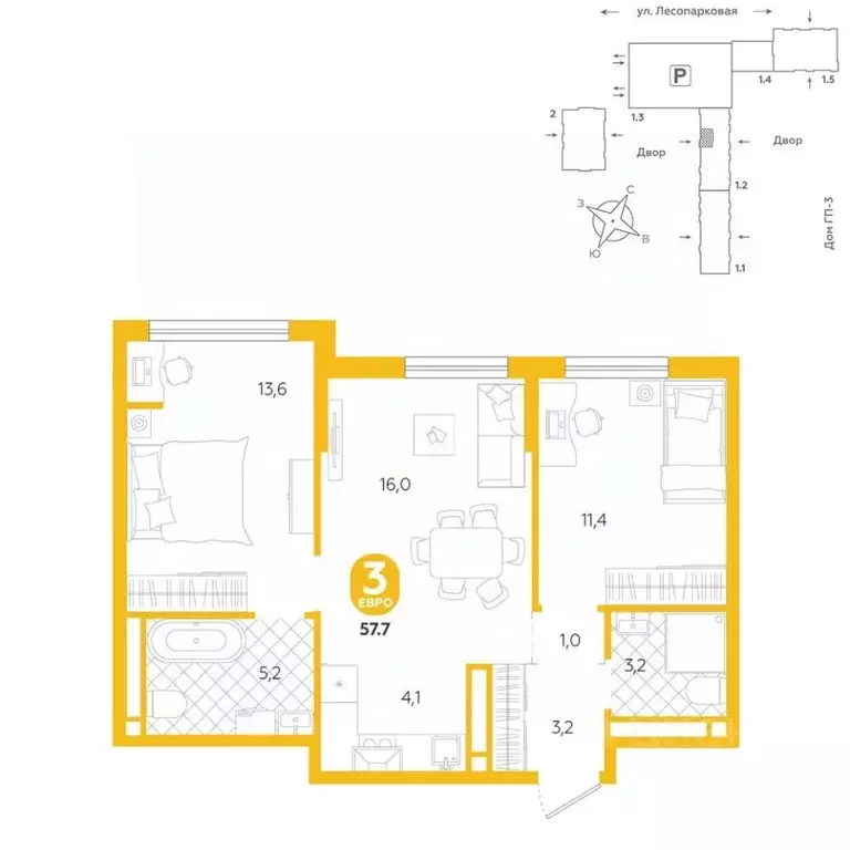 3-к кв. Тюменская область, Тюмень ул. Лесопарковая, 22 (57.7 м) - Фото 0