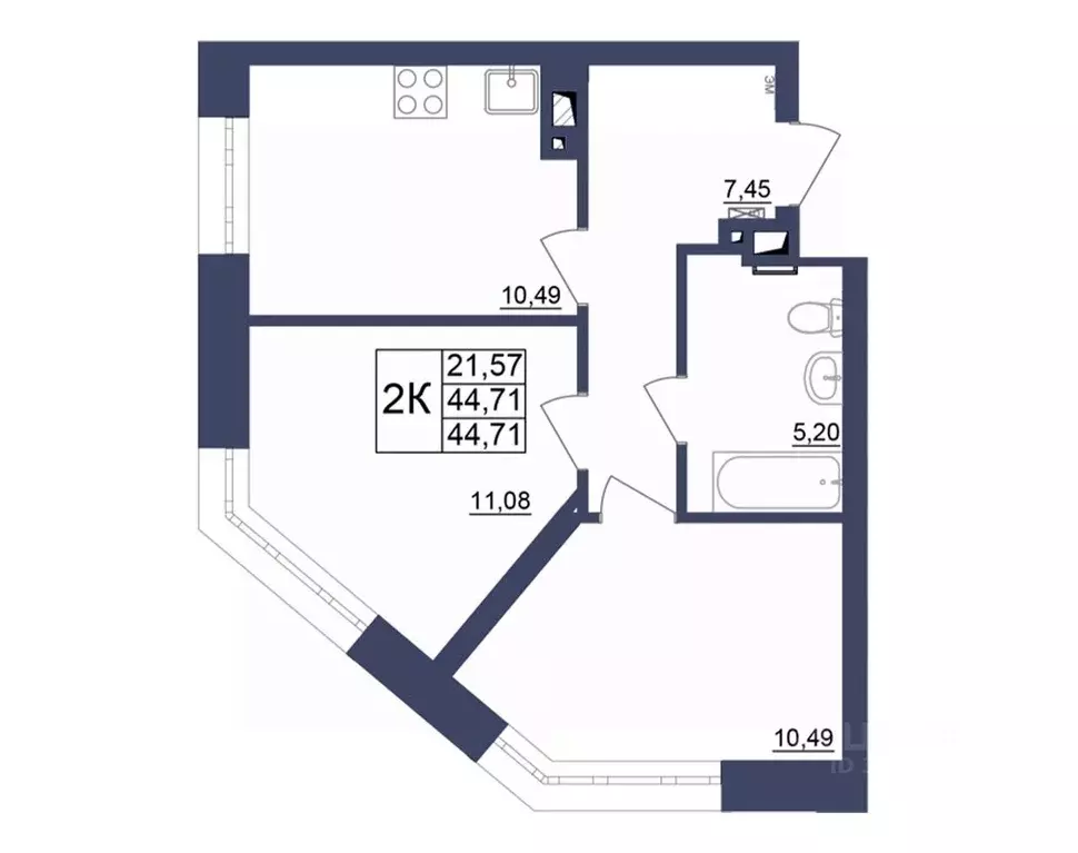 2-к кв. Башкортостан, Уфа Космос жилой комплекс, лит1 (44.91 м) - Фото 1