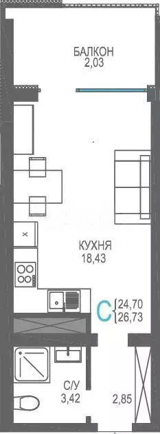 Квартира-студия, 26,7 м, 14/16 эт. - Фото 0