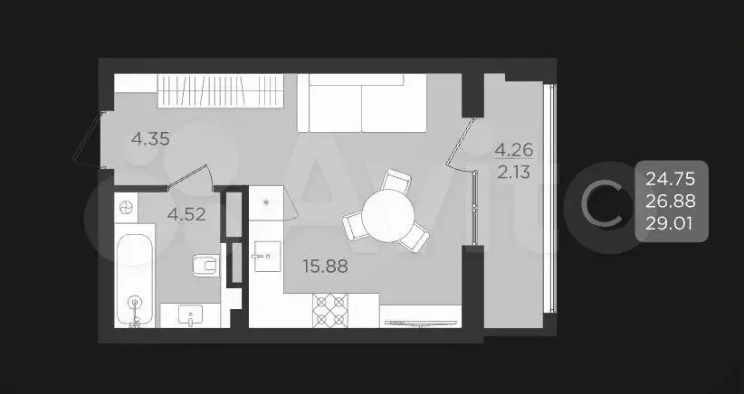 Квартира-студия, 26,9 м, 3/9 эт. - Фото 1