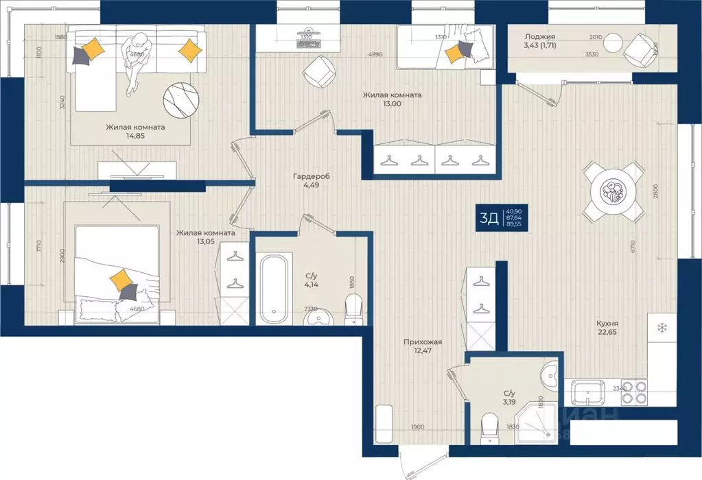 3-к кв. Татарстан, Казань Нова жилой комплекс (89.55 м) - Фото 1