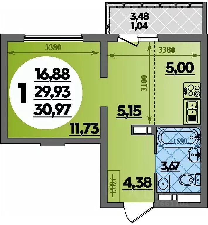 Студия Адыгея, Майкоп  (30.97 м) - Фото 1