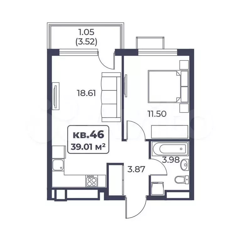 1-к. квартира, 39 м, 7/8 эт. - Фото 0