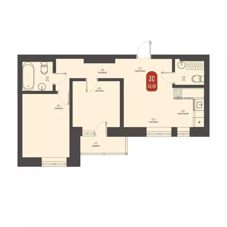 3-к кв. Томская область, Томск ул. Косарева, 6 (52.0 м) - Фото 0