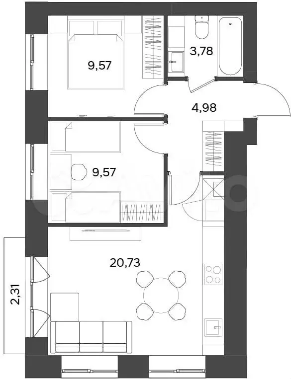 2-к. квартира, 49,3 м, 9/9 эт. - Фото 1