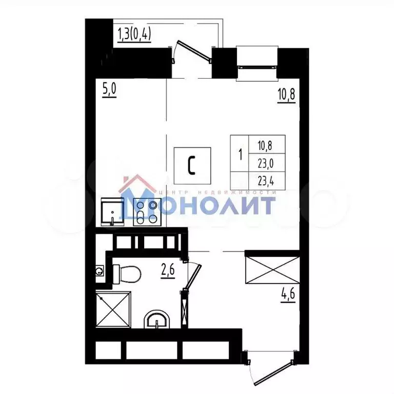 Квартира-студия, 23,4 м, 9/12 эт. - Фото 0