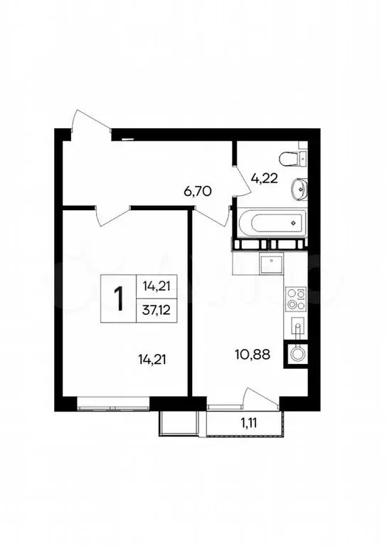 1-к. квартира, 37,1 м, 2/9 эт. - Фото 1