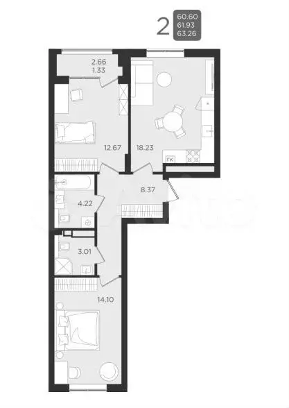 2-к. квартира, 63,3 м, 2/9 эт. - Фото 1