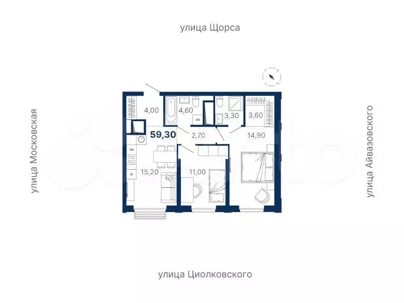 2-к. квартира, 59,3 м, 13/33 эт. - Фото 0