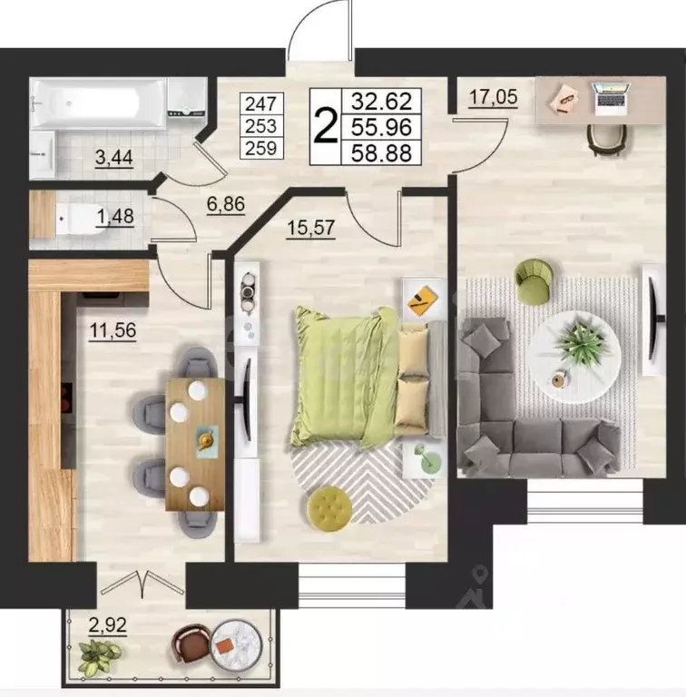 2-к кв. Смоленская область, Смоленск Краснинское ш., 28 (59.6 м) - Фото 2