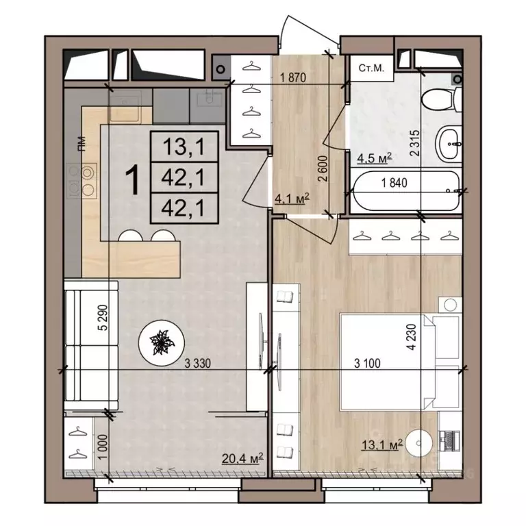 1-к кв. Рязанская область, Рязань ул. Новоселов, 33Б (42.1 м) - Фото 1