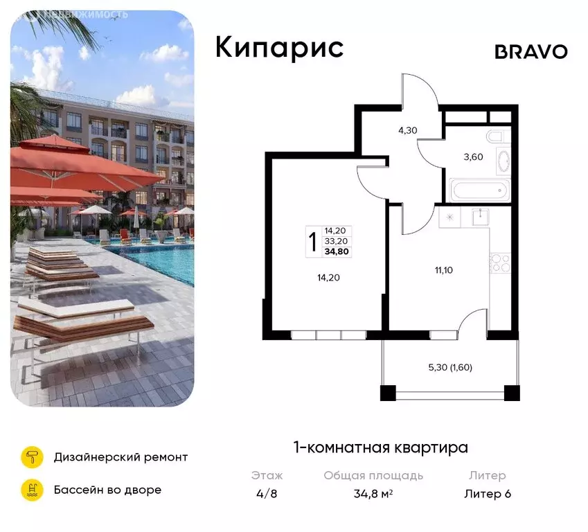 1-комнатная квартира: село Сукко, жилой комплекс Кипарис (34.8 м) - Фото 1