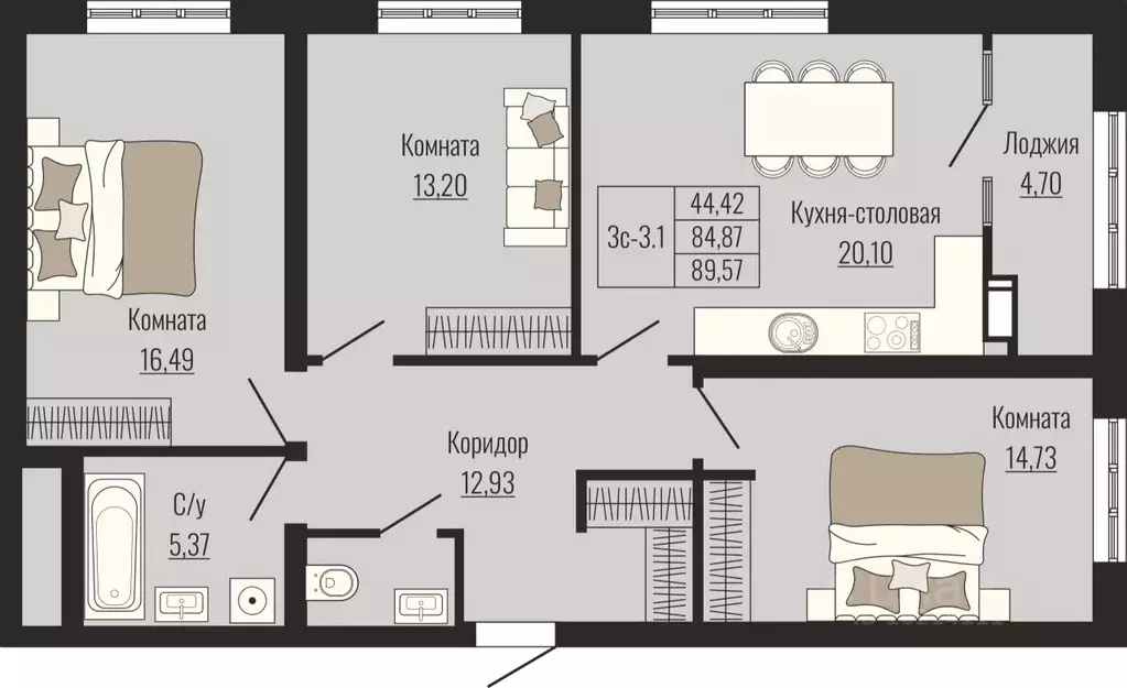 3-к кв. Ставропольский край, Ставрополь № 23 мкр,  (89.57 м) - Фото 1