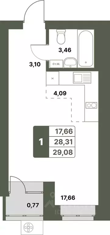 1-к кв. Башкортостан, Уфимский район, с. Миловка  (29.08 м) - Фото 1