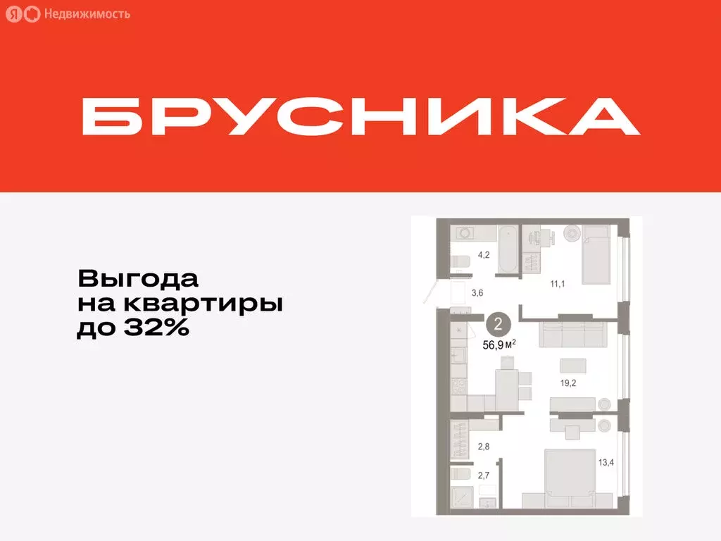 2-комнатная квартира: Тюмень, микрорайон ДОК, ЖК Октябрьский на Туре ... - Фото 1