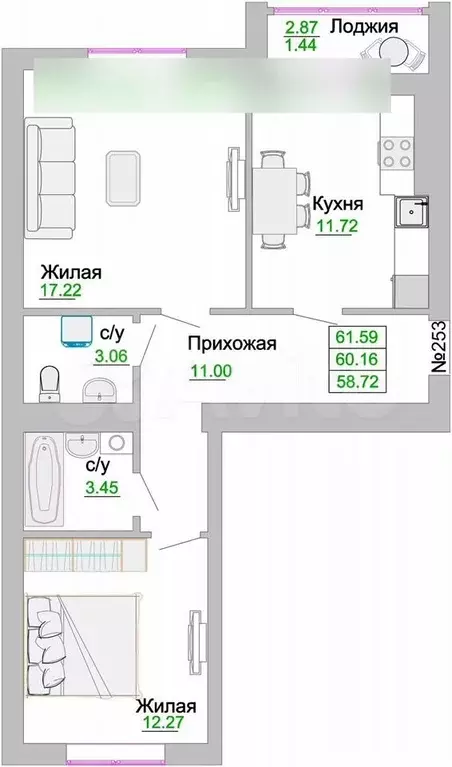 2-к. квартира, 60,2 м, 7/9 эт. - Фото 1