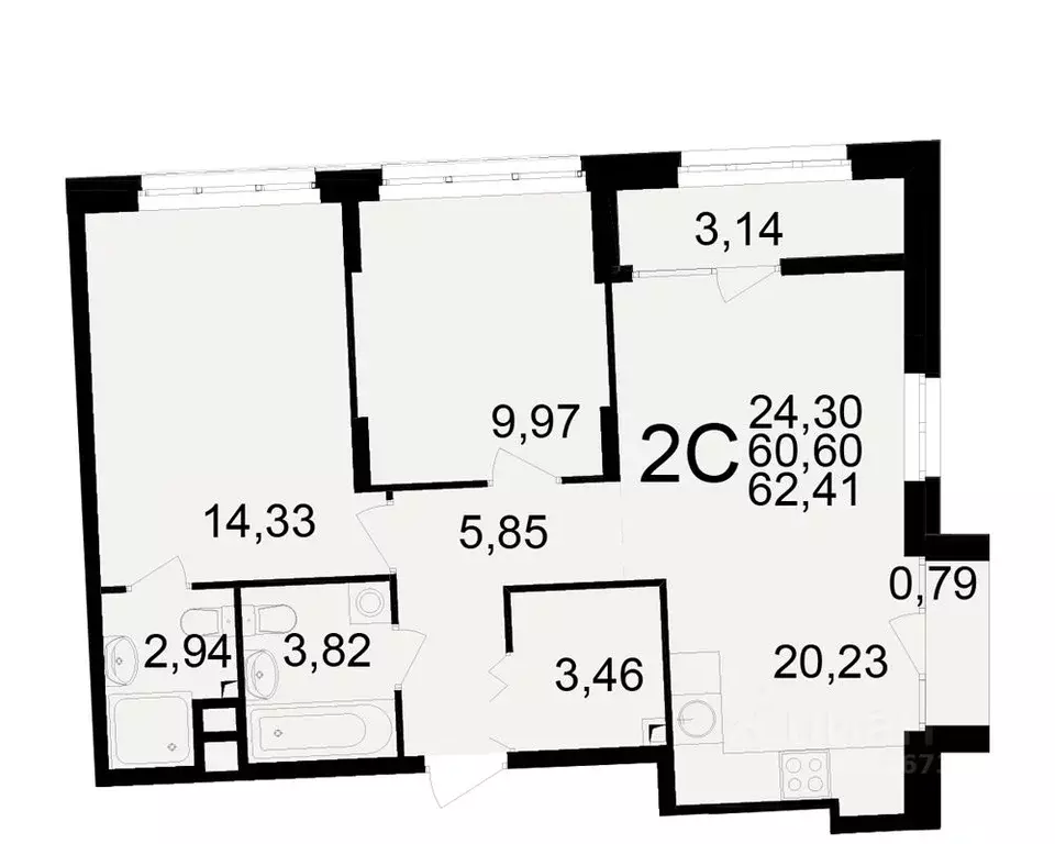 2-к кв. Рязанская область, Рязань Аура жилой комплекс (60.6 м) - Фото 1