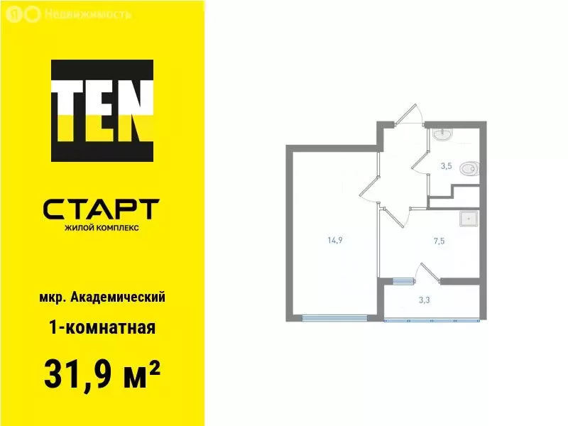 1-комнатная квартира: Екатеринбург, Академический район (31.9 м) - Фото 0