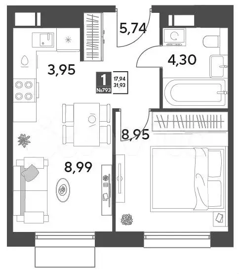 1-к. квартира, 31,9 м, 7/12 эт. - Фото 0