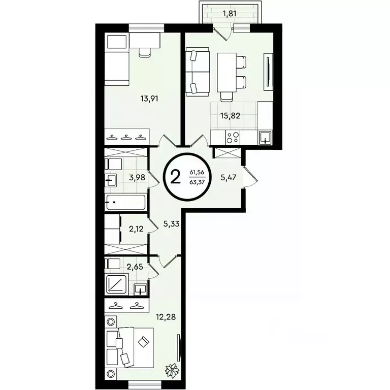 2-к кв. Тюменская область, Тюмень ул. Александра Звягина, 2 (63.37 м) - Фото 1