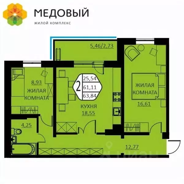 2-к кв. Пермский край, д. Кондратово ул. Г.Н. Нифантова, 12 (63.84 м) - Фото 0
