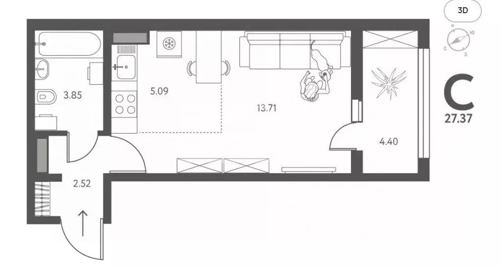 Квартира-студия: Липецк, улица Перова, 2Д (27.37 м) - Фото 1