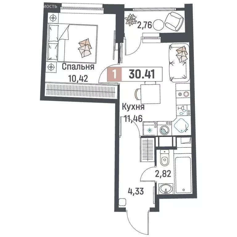 1-комнатная квартира: Мурино, жилой комплекс Авиатор (30.41 м) - Фото 1