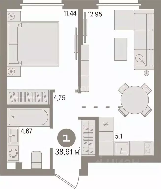 1-к кв. Тюменская область, Тюмень Харьковская ул., 72А (38.9 м) - Фото 1