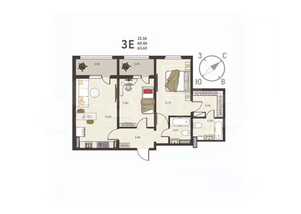 2-к кв. Курская область, Курск ул. Энгельса, 115/6 (63.65 м) - Фото 0