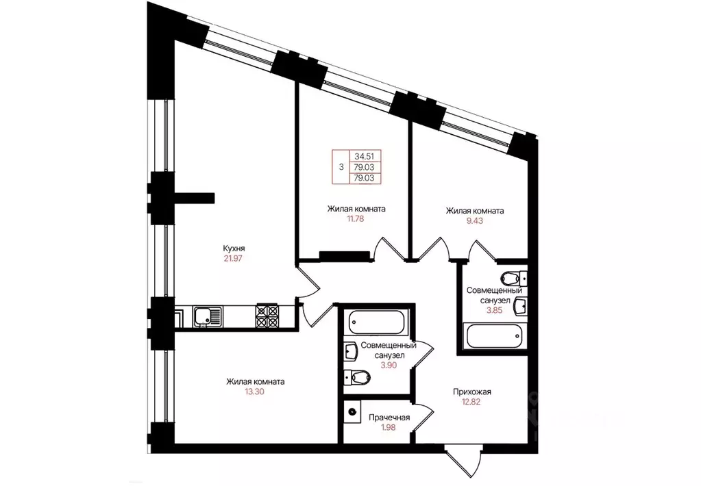 3-к кв. Татарстан, Казань Лето жилой комплекс (79.03 м) - Фото 2