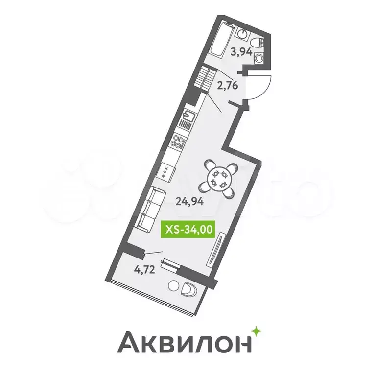 Квартира-студия, 34,3 м, 6/13 эт. - Фото 1