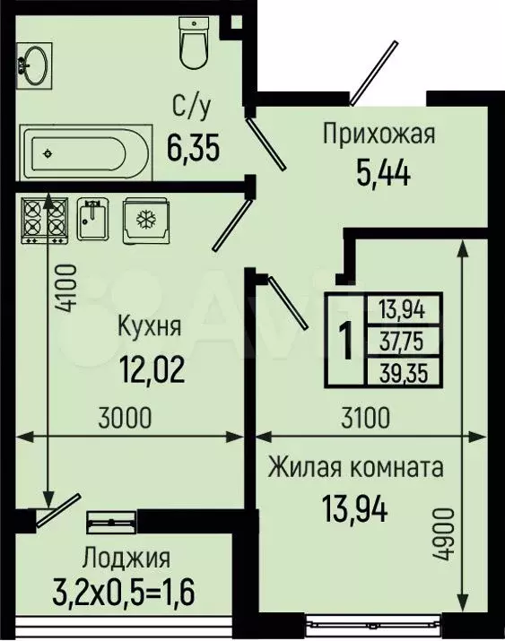 1-к. квартира, 39,4 м, 1/9 эт. - Фото 0