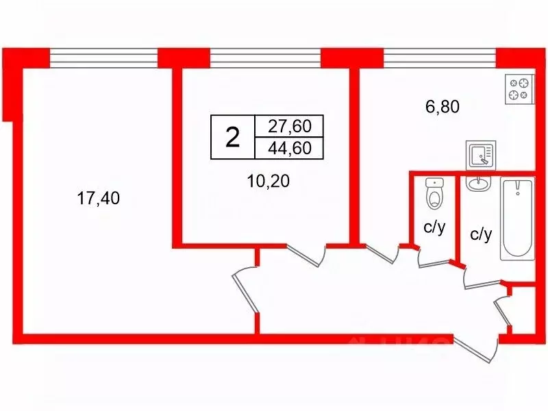 2-к кв. Санкт-Петербург Купчинская ул., 19К2 (44.6 м) - Фото 2