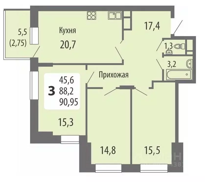 3-к кв. Чувашия, Чебоксары ул. Филиппа Лукина, 16 (90.95 м) - Фото 0