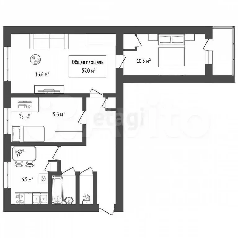 3-к. квартира, 57 м, 6/9 эт. - Фото 1