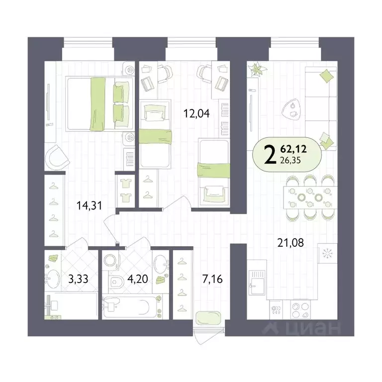2-к кв. Брянская область, Брянск Бежицкая ул. (62.12 м) - Фото 1