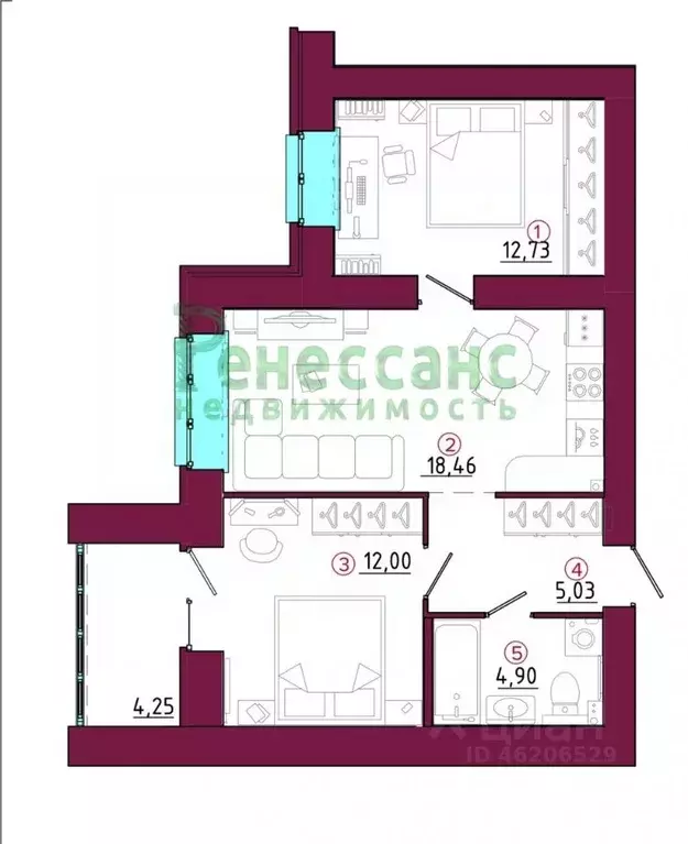 2-к кв. Брянская область, Брянск ул. Имени А.Ф. Войстроченко, 1 (56.0 ... - Фото 1