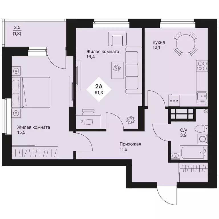 2-к квартира, 61.25 м - Фото 0